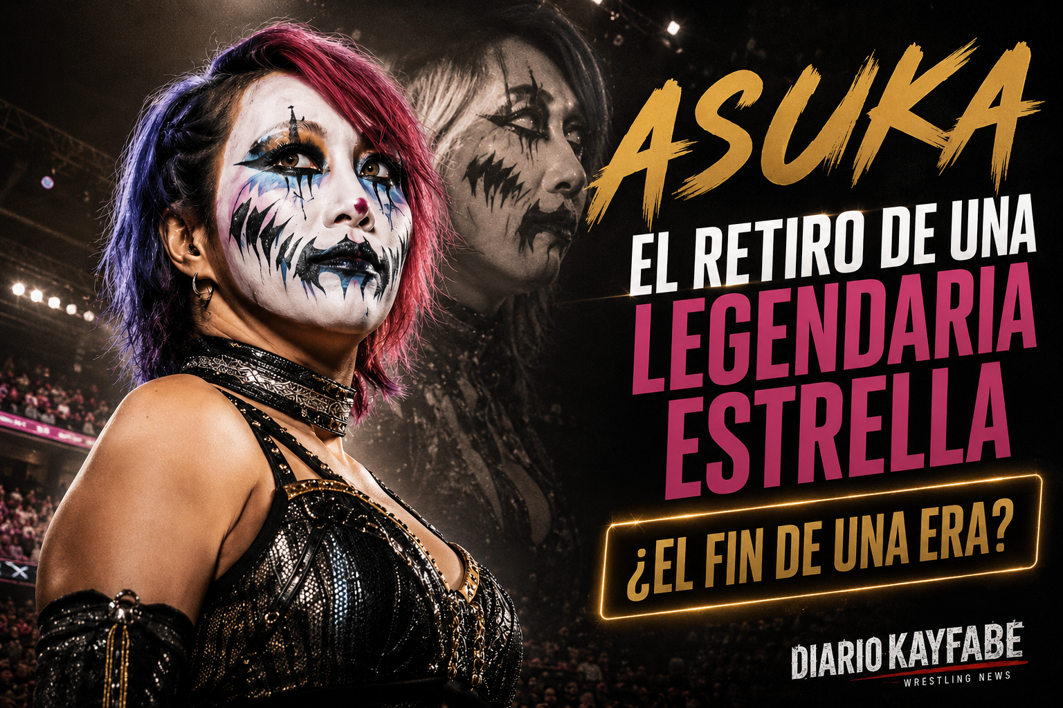 Imagen promocional de Asuka con maquillaje característico y texto sobre un posible retiro tras WWE Backlash.