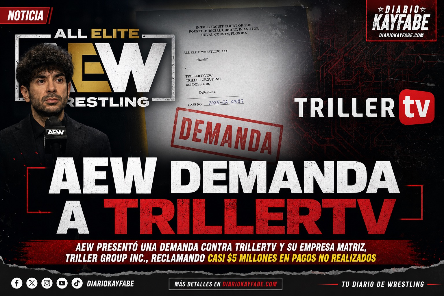 Imagen promocional de Diario Kayfabe sobre la demanda presentada por AEW contra TrillerTV relacionada a ingresos de eventos PPV y AEW Plus.