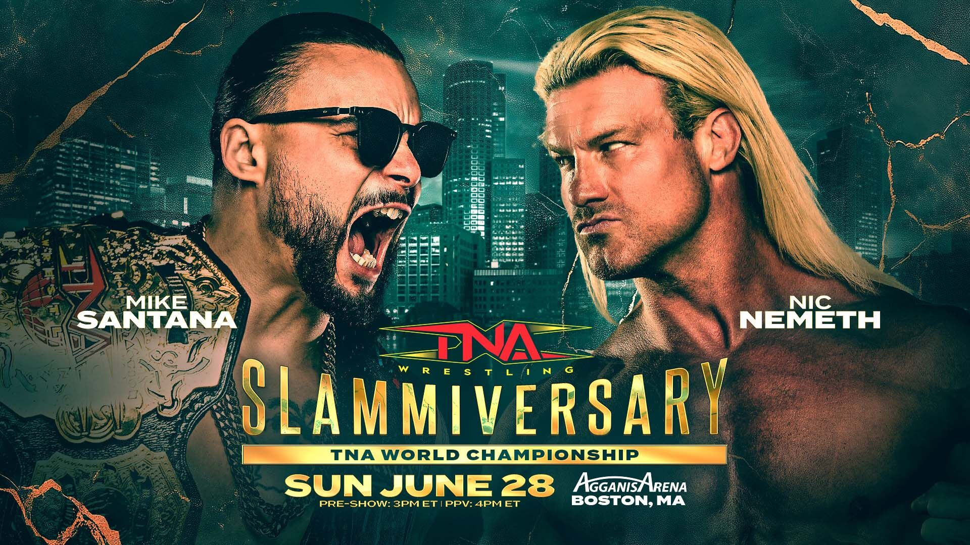 Nic Nemeth y Mike Santana frente a frente en la imagen promocional de TNA Slammiversary por el Campeonato Mundial de TNA.