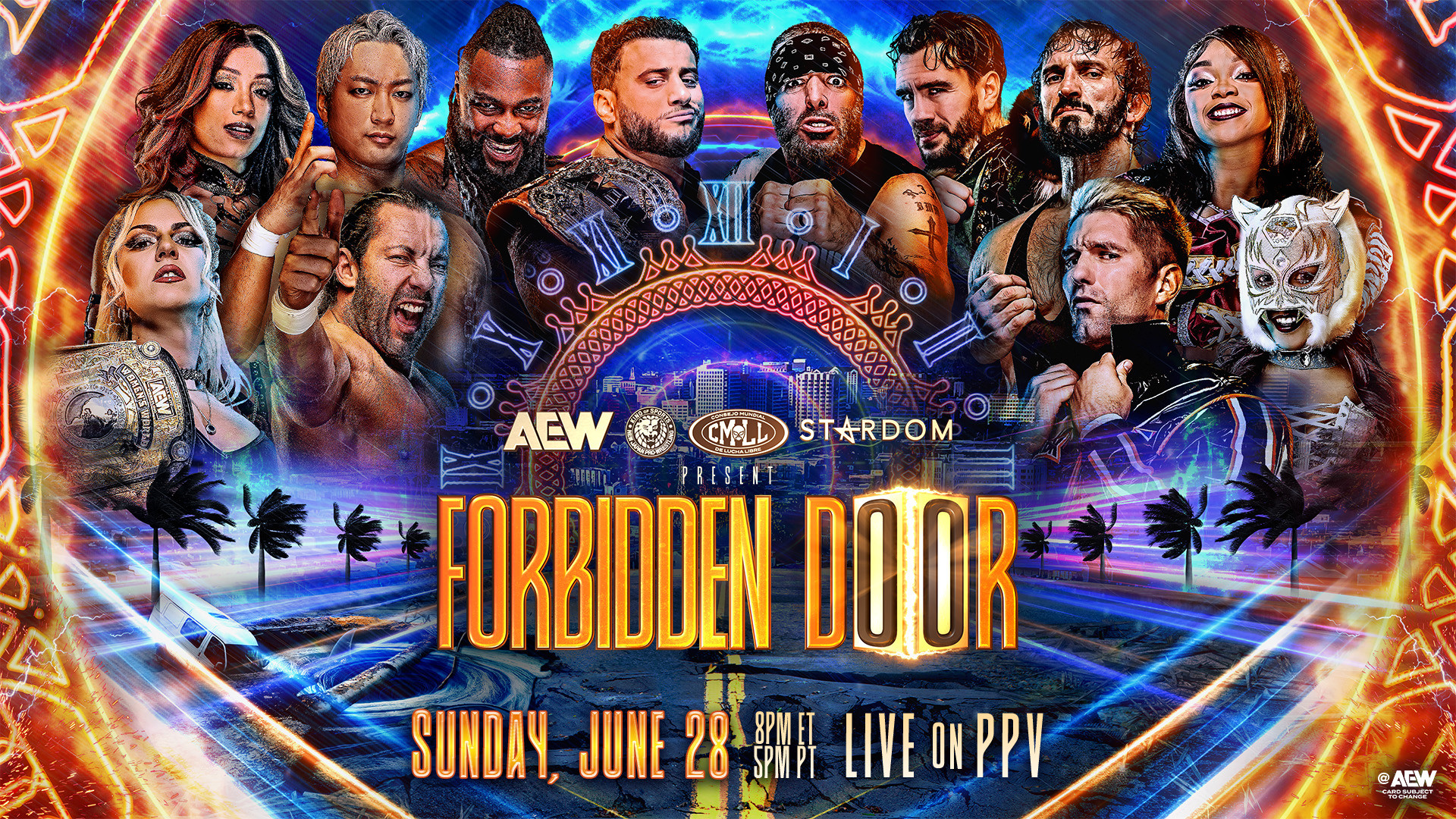 Cartel oficial de AEW x NJPW x CMLL x Stardom Forbidden Door 2026 desde San Jose, California
