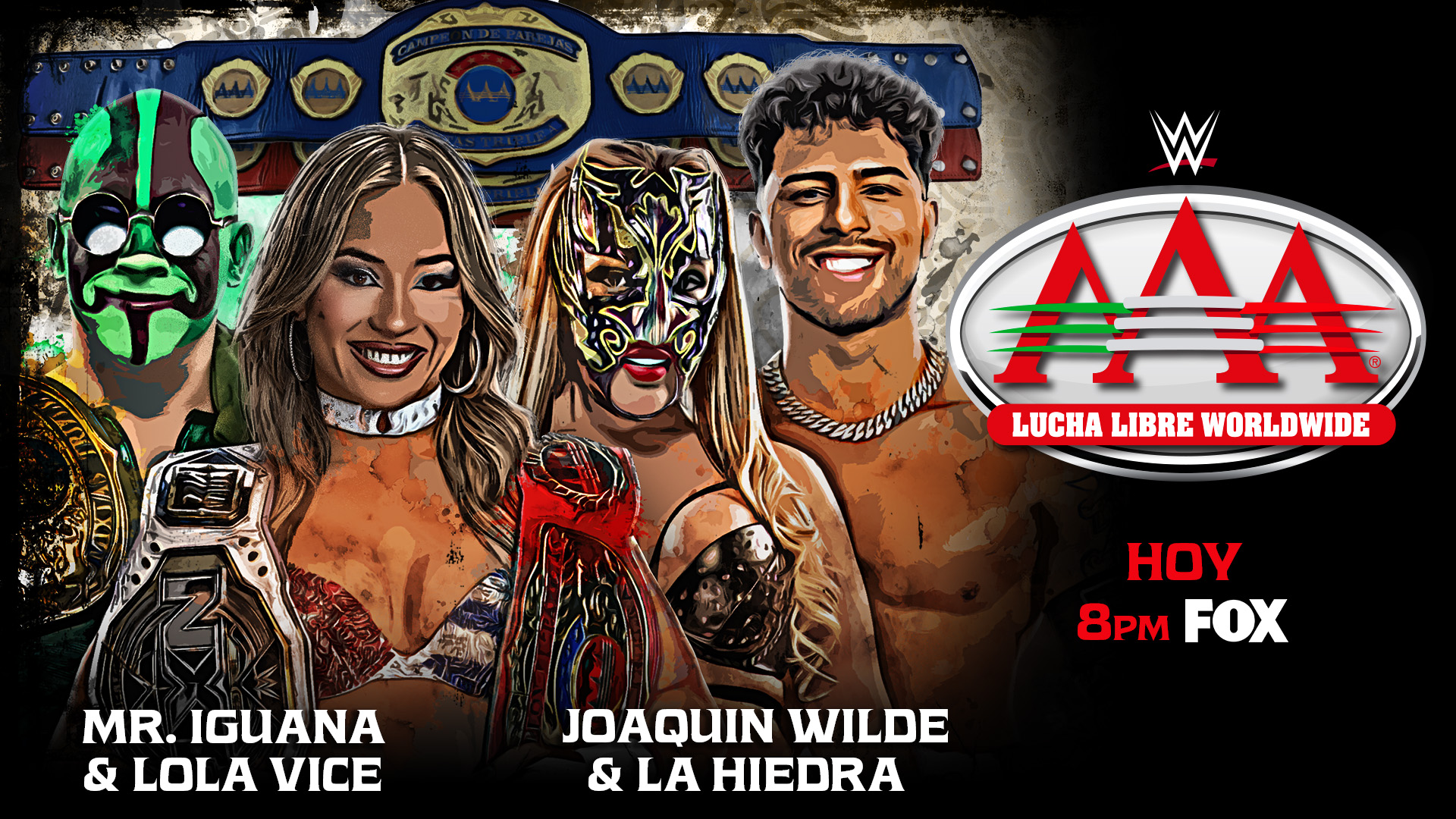 Mr. Iguana y Lola Vice posan con los Campeonatos Mundiales en Parejas Mixtas AAA antes de enfrentar a Joaquin Wilde y La Hiedra.