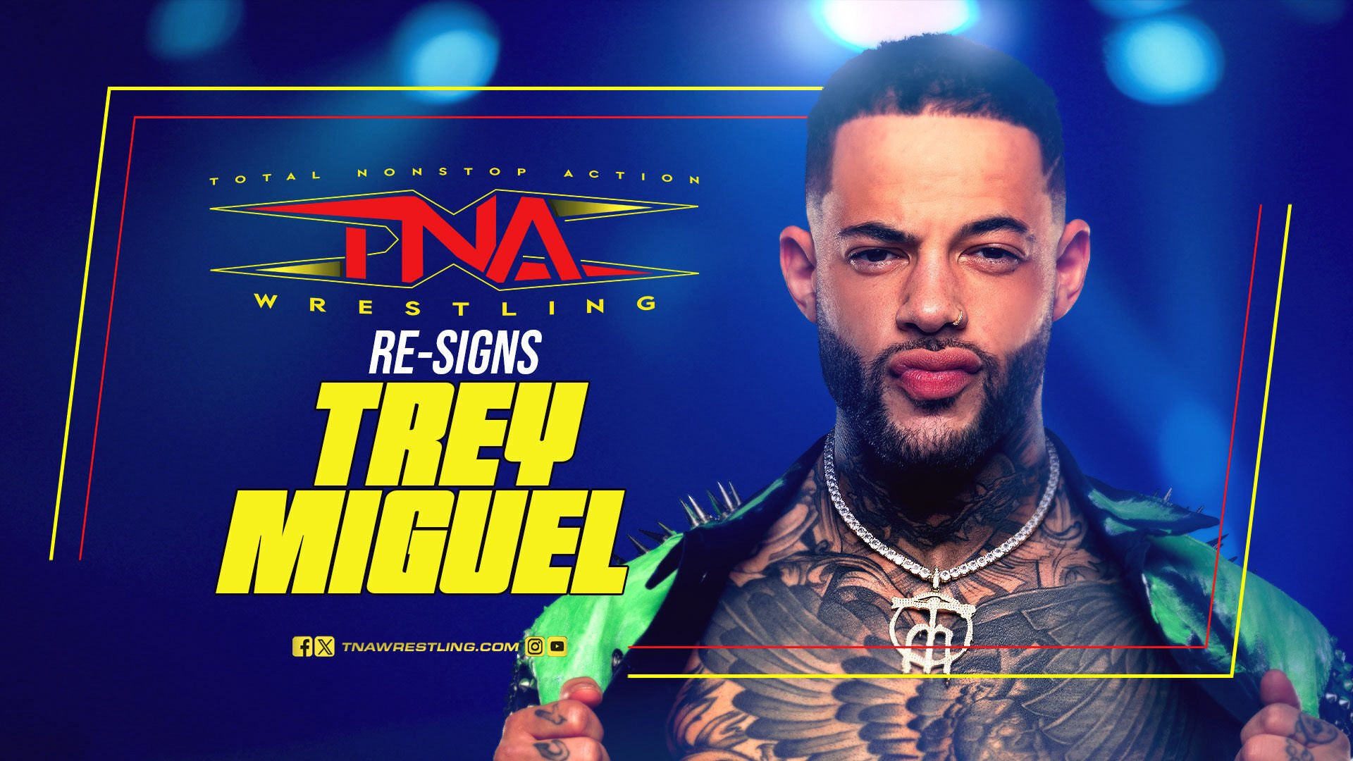 Retrato promocional de Trey Miguel para TNA Wrestling anunciando la renovación de su contrato con la empresa.