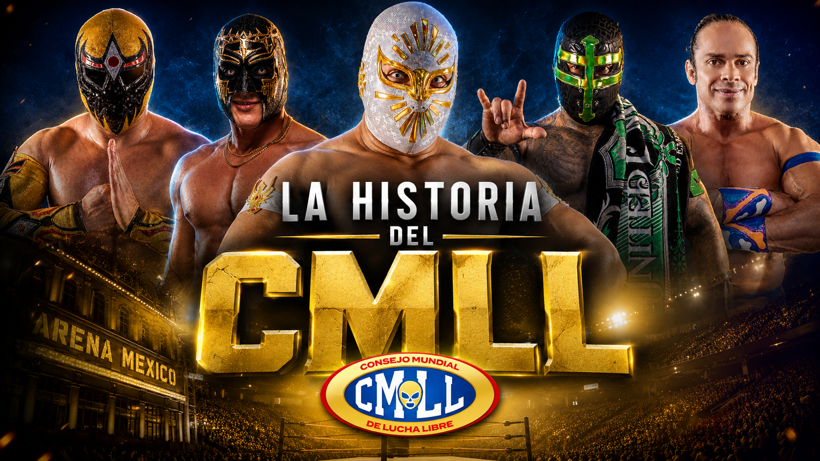 Místico rodeado de figuras destacadas del CMLL en una imagen promocional sobre la historia del Consejo Mundial de Lucha Libre.