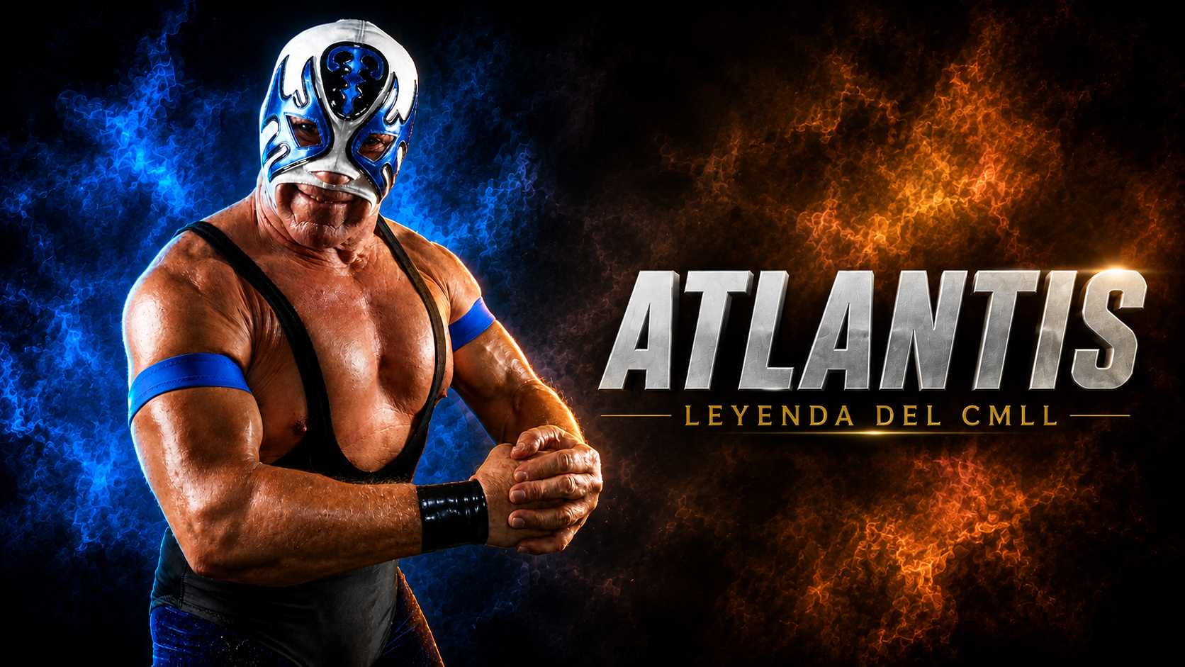 Retrato promocional de Atlantis con su tradicional máscara azul y blanca durante una sesión fotográfica profesional.