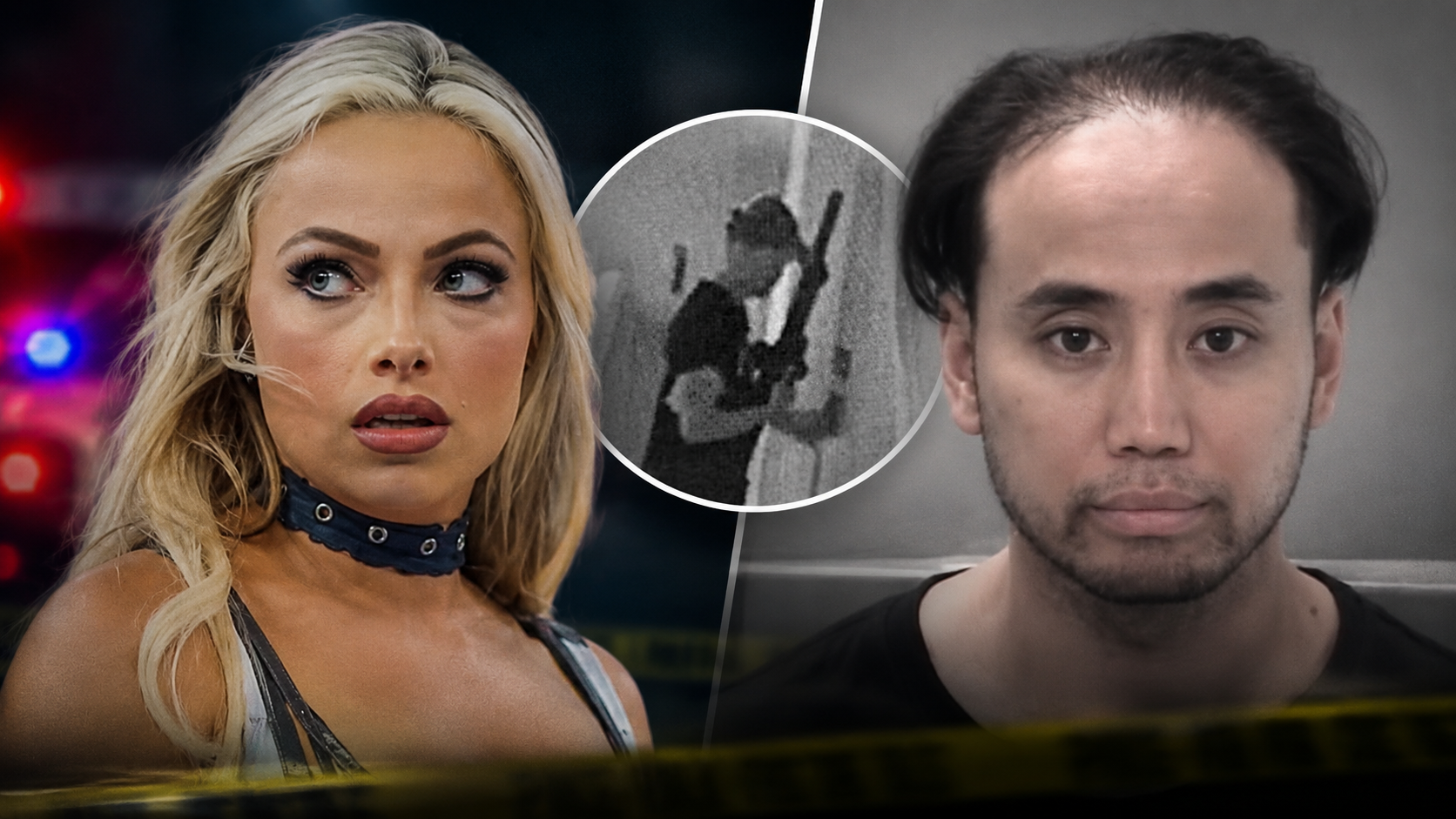 Composición gráfica que muestra a Liv Morgan, imágenes del acusado Shawn Chan y una captura de seguridad relacionada con el caso judicial.