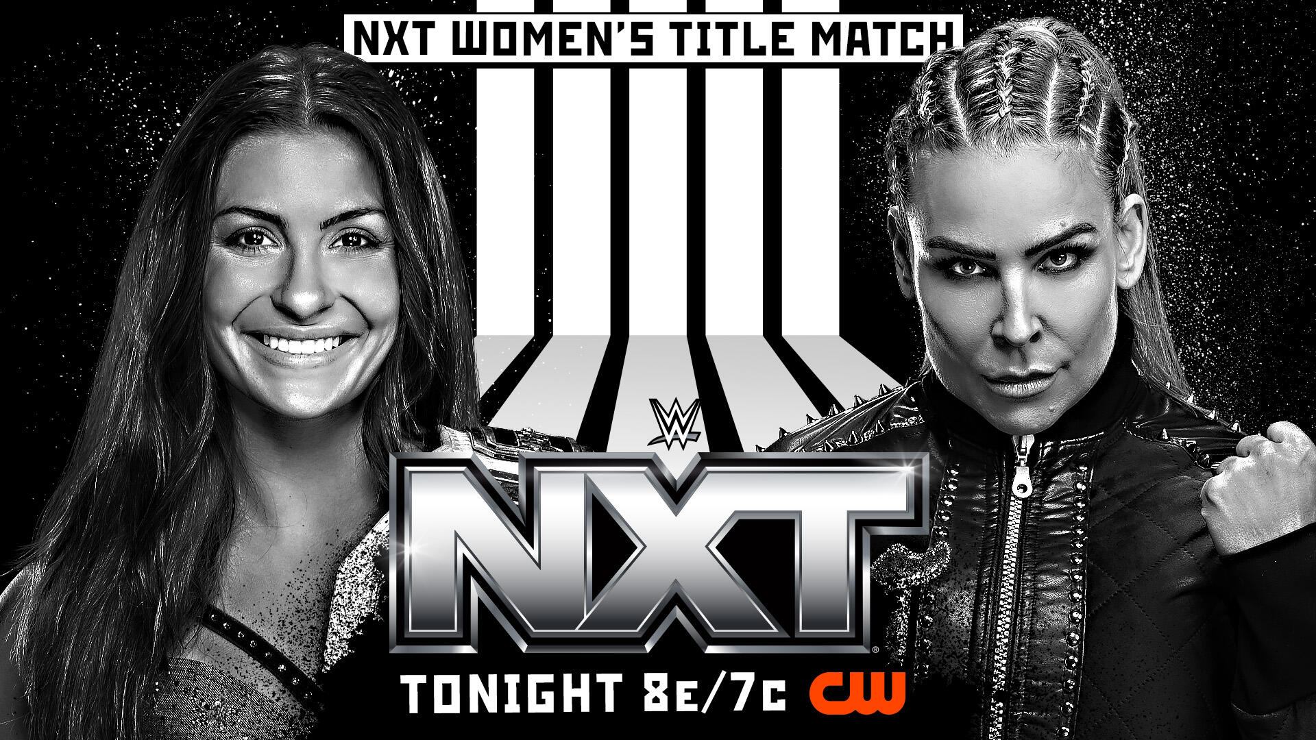 Kendal Grey y Nattie posan frente al gráfico promocional de su lucha por el Campeonato Femenino de NXT para el episodio de WWE NXT.