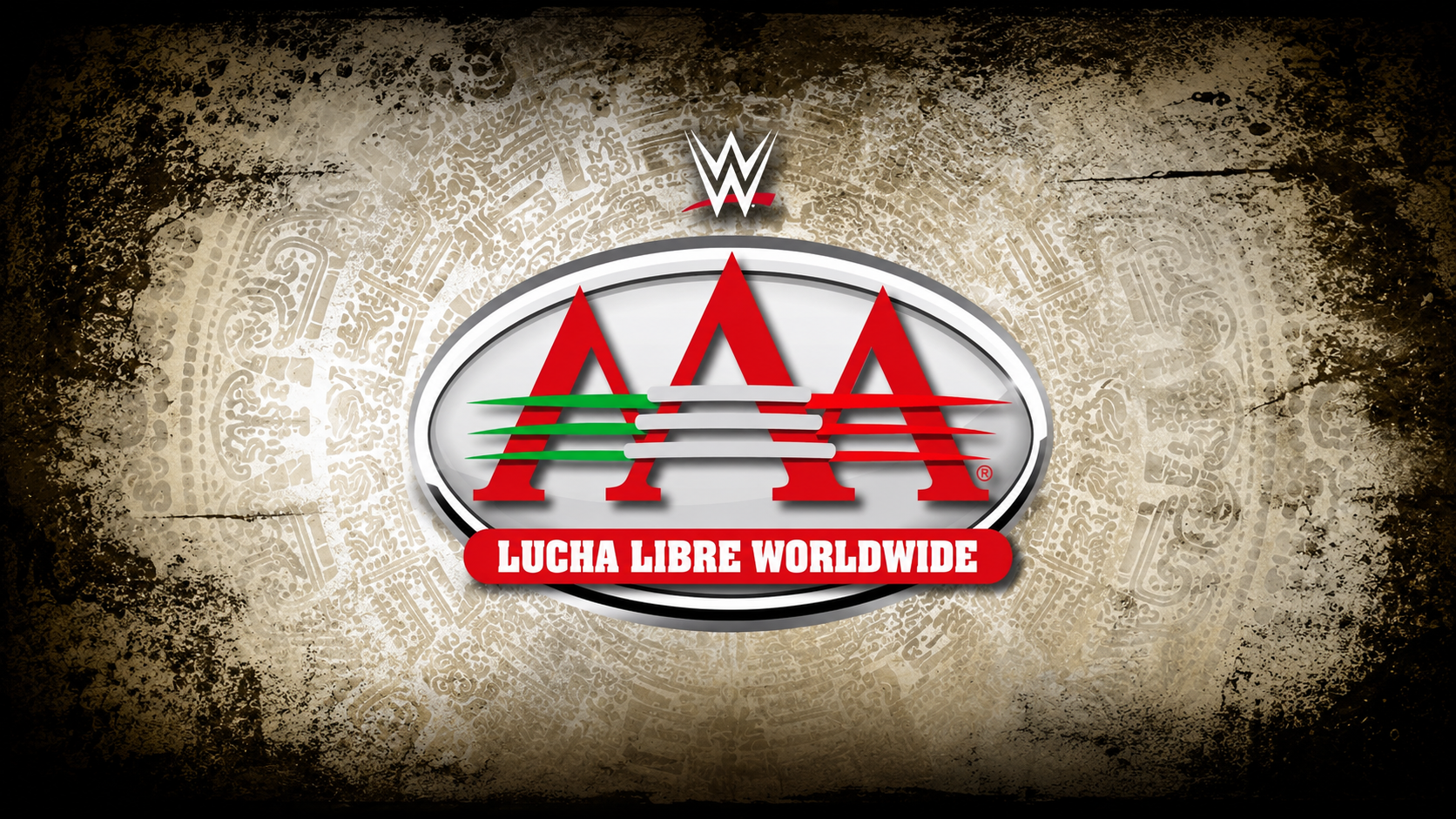 Gráfico promocional oficial con el logotipo de AAA Lucha Libre Worldwide centrado sobre un fondo con textura de piedra y diseños inspirados en el arte azteca. El logotipo de WWE aparece sobre el emblema de AAA, destacando la alianza entre WWE y AAA.