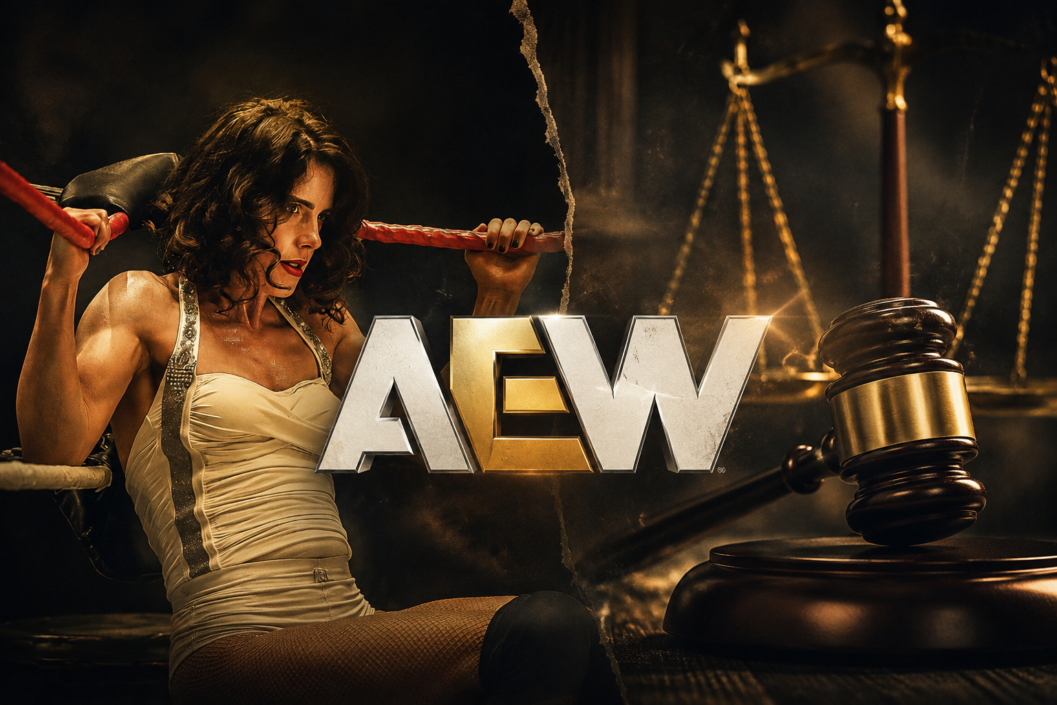 Imagen promocional que muestra el logotipo de AEW junto a una escena de la película Queen of the Ring, utilizada para ilustrar la demanda presentada por AEW contra Ring Productions.