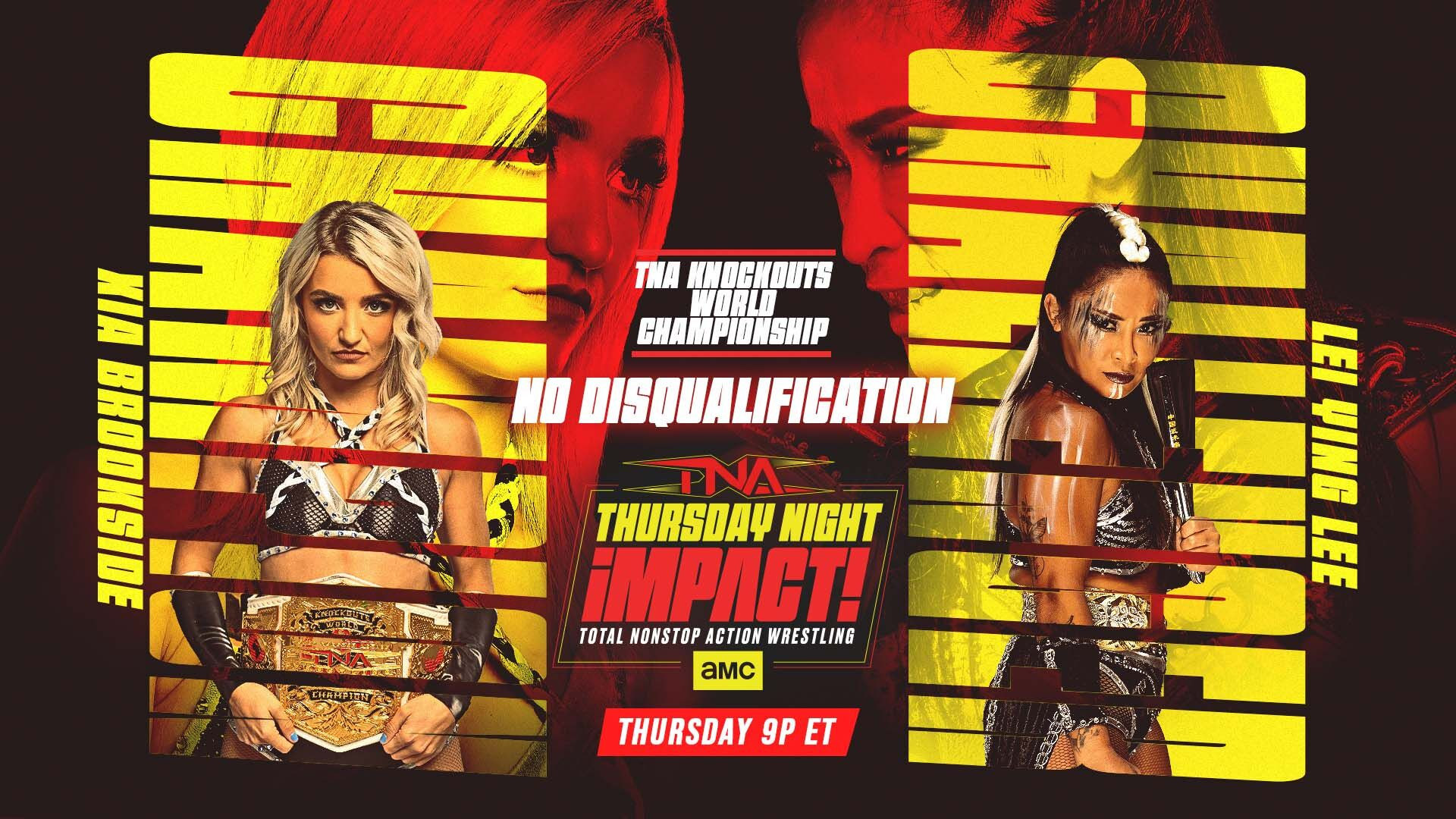Xia Brookside y Léi Yǐng Lee en el gráfico promocional de TNA Impact para una lucha sin descalificación por el Campeonato Mundial Knockouts de TNA.