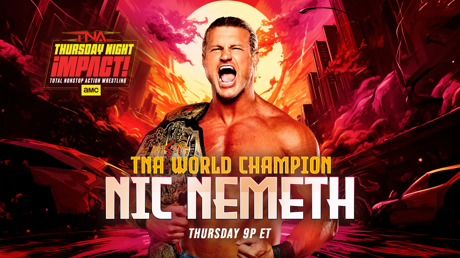 Nic Nemeth aparece con el Campeonato Mundial de TNA en una gráfica promocional de TNA Impact.
