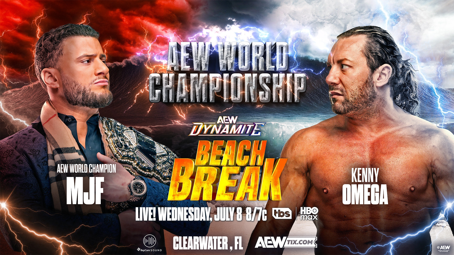 MJF y Kenny Omega en el gráfico promocional de AEW Dynamite Beach Break para su lucha por el Campeonato Mundial de AEW.