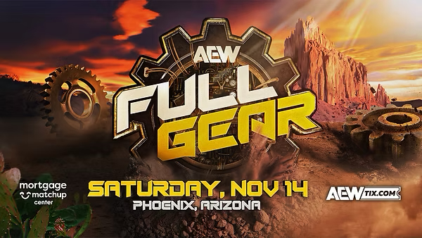Imagen promocional oficial de AEW Full Gear 2026 con el logotipo del evento, la fecha del 14 de noviembre y la sede en Phoenix, Arizona.