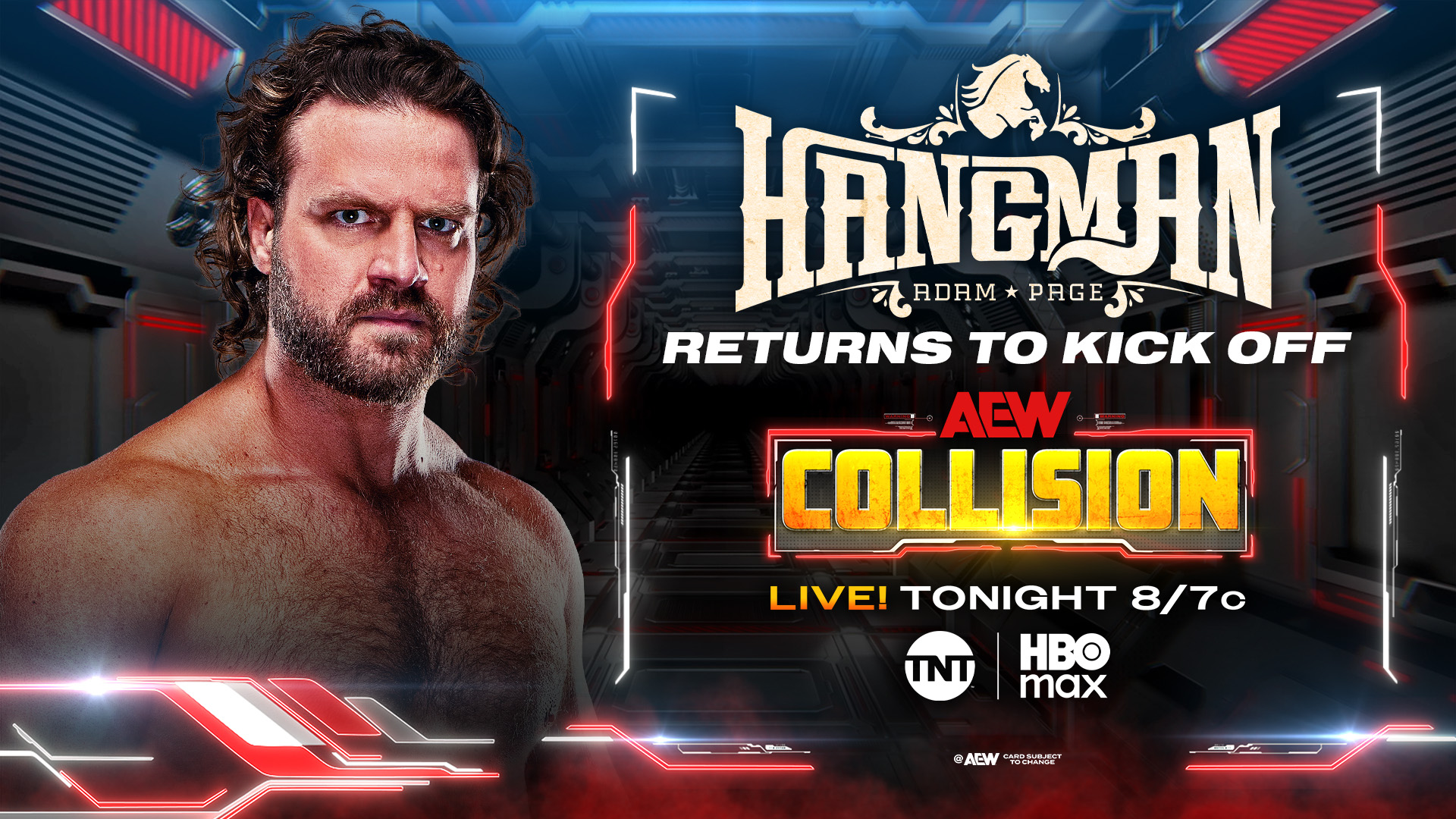 Hangman Adam Page aparece en un gráfico promocional de AEW Collision anunciando su regreso para abrir el programa.