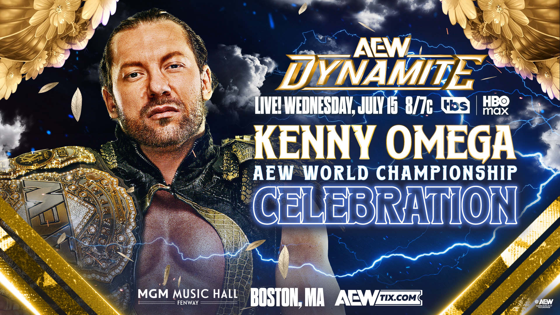 Kenny Omega posa con el Campeonato Mundial de AEW sobre su hombro en un gráfico promocional de AEW Dynamite. La imagen anuncia una celebración por su reinado el miércoles 15 de julio desde el MGM Music Hall at Fenway en Boston, Massachusetts.