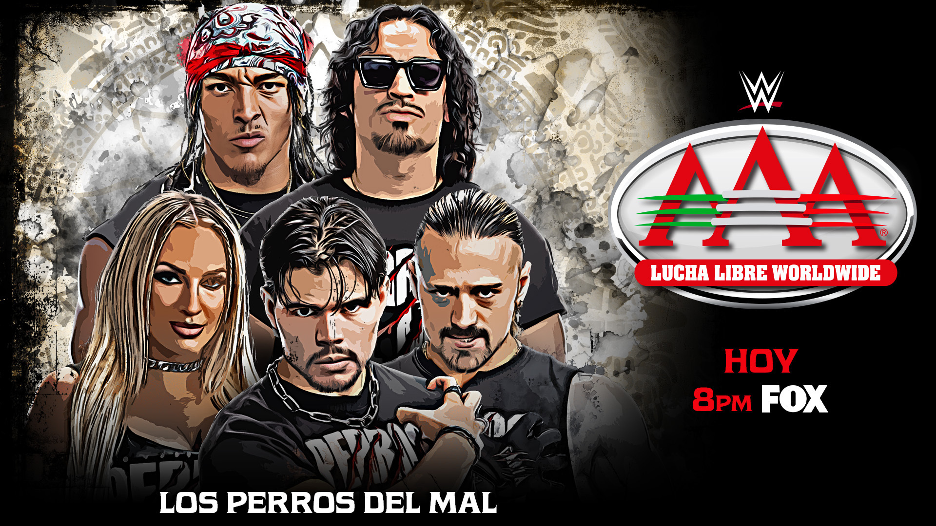 Los Perros del Mal aparecen en un cartel promocional de AAA Lucha Libre Worldwide junto al logotipo de la empresa.