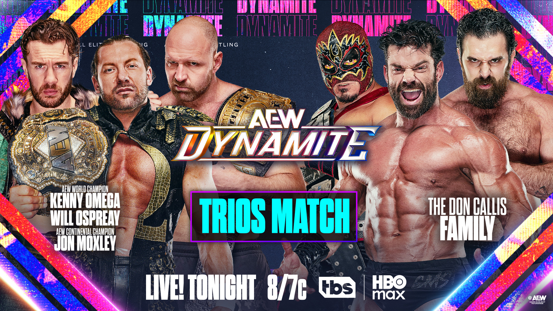 Gráfico promocional de AEW Dynamite que anuncia una lucha de tríos entre Kenny Omega, Will Ospreay y Jon Moxley contra The Don Callis Family, integrada por Kyle Fletcher, Hechicero y Lance Archer.