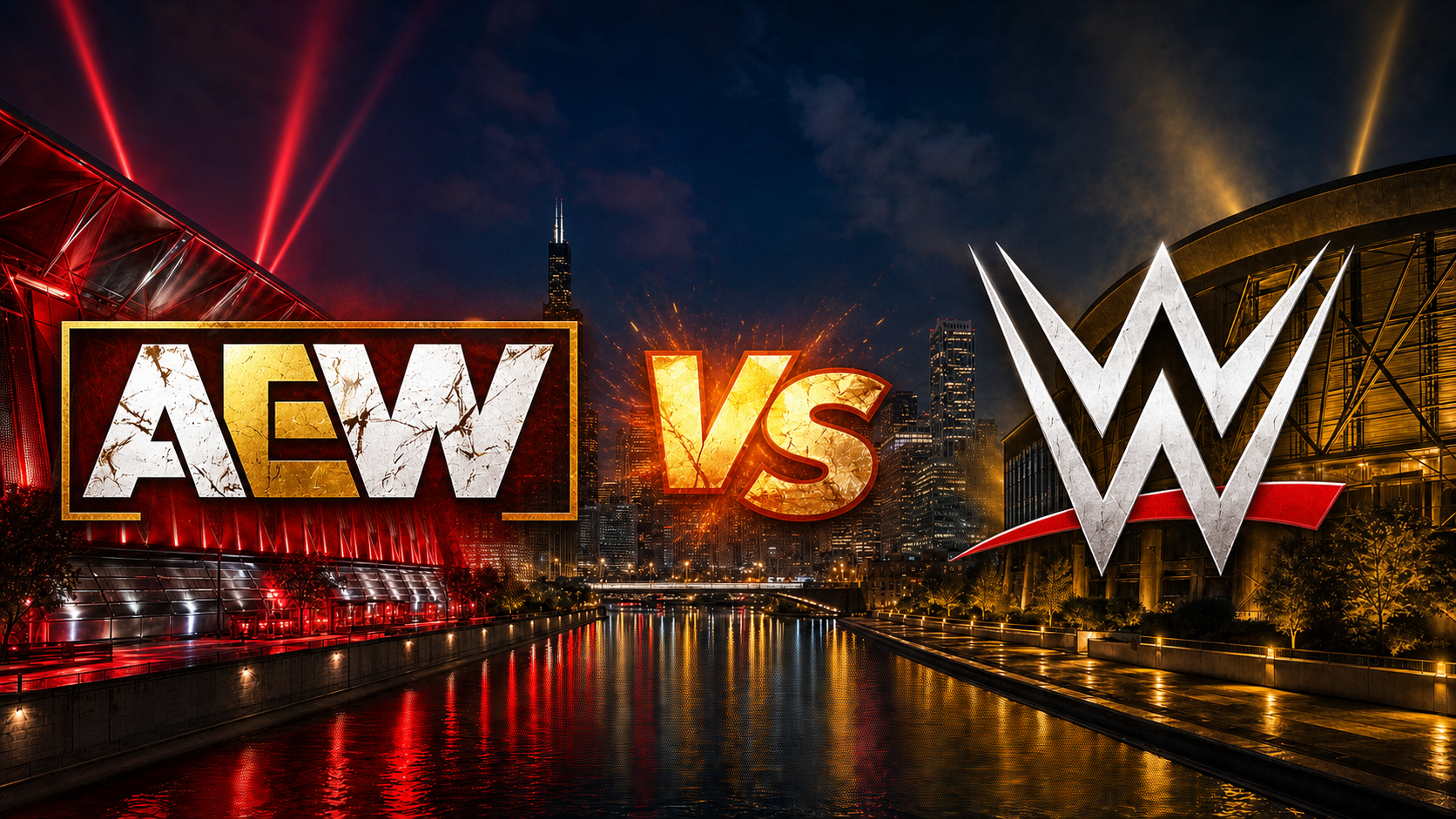 Logos de AEW y WWE frente al horizonte nocturno de Chicago, con iluminación roja y dorada a ambos lados del río.