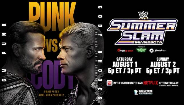 Póster oficial de SummerSlam 2026 con CM Punk y Cody Rhodes frente a frente por el Campeonato Indiscutible de WWE.