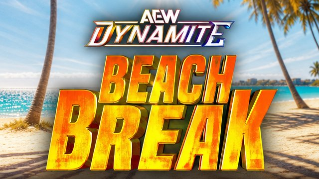 Póster oficial de AEW Dynamite Beach Break 2026 con el logotipo del especial sobre un fondo de playa tropical con palmeras y el océano.