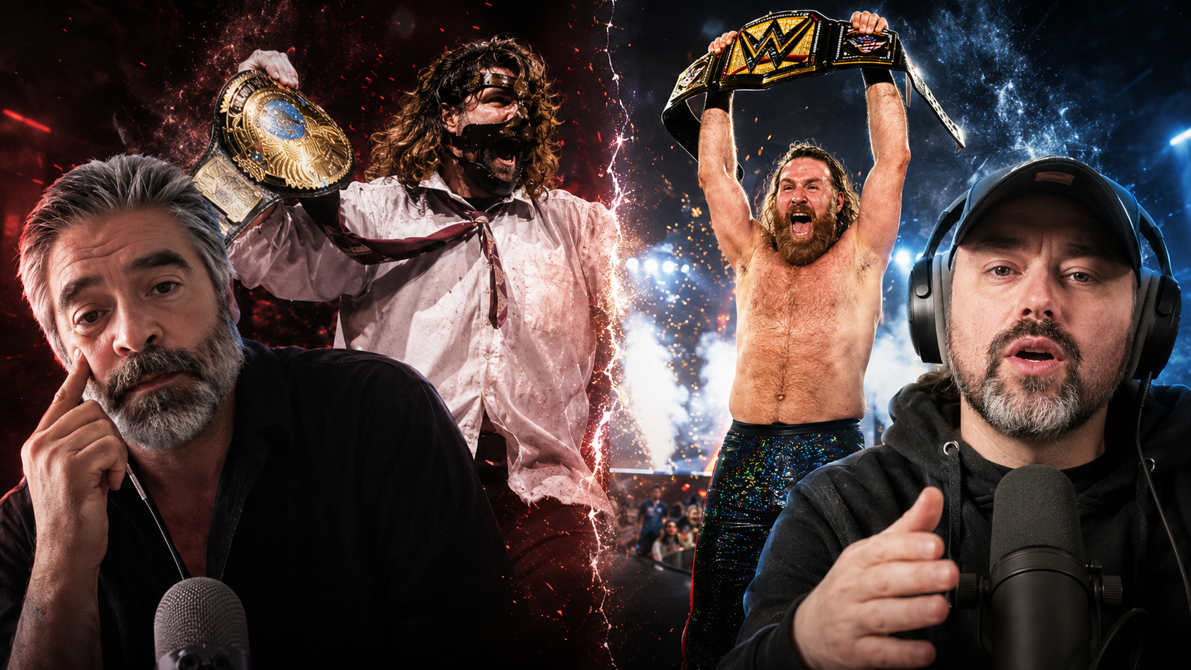 Vince Russo y Mankind frente a JDfromNY y Sami Zayn en una composición sobre el Campeonato de WWE.