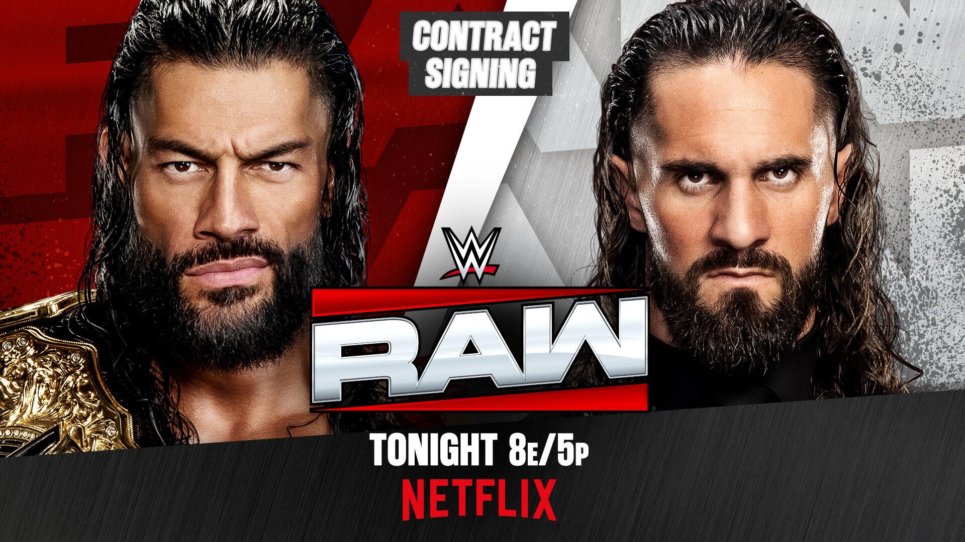 Roman Reigns y Seth Rollins aparecen en un gráfico promocional de WWE Raw para la firma de contrato de su lucha estelar en SummerSlam.