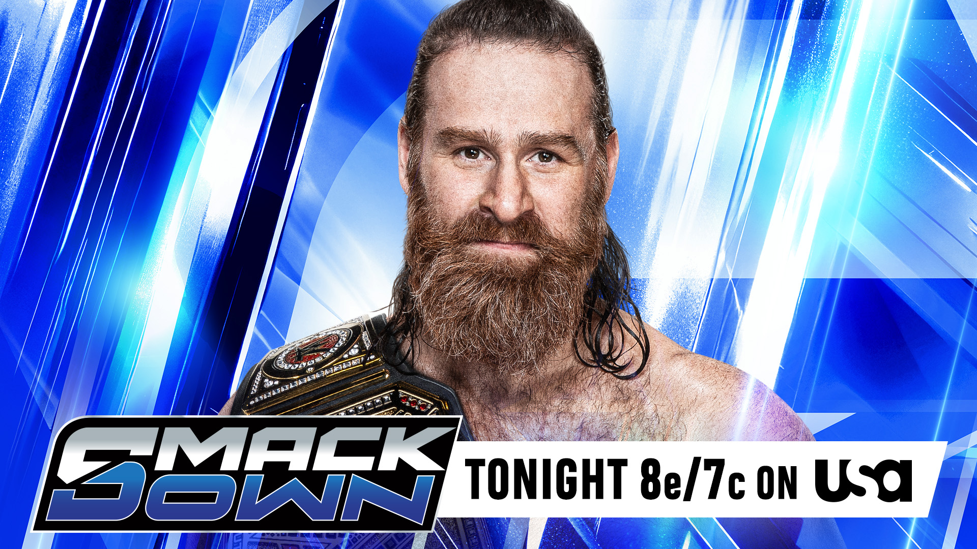 Sami Zayn aparece en una imagen promocional de WWE SmackDown con un campeonato sobre su hombro.