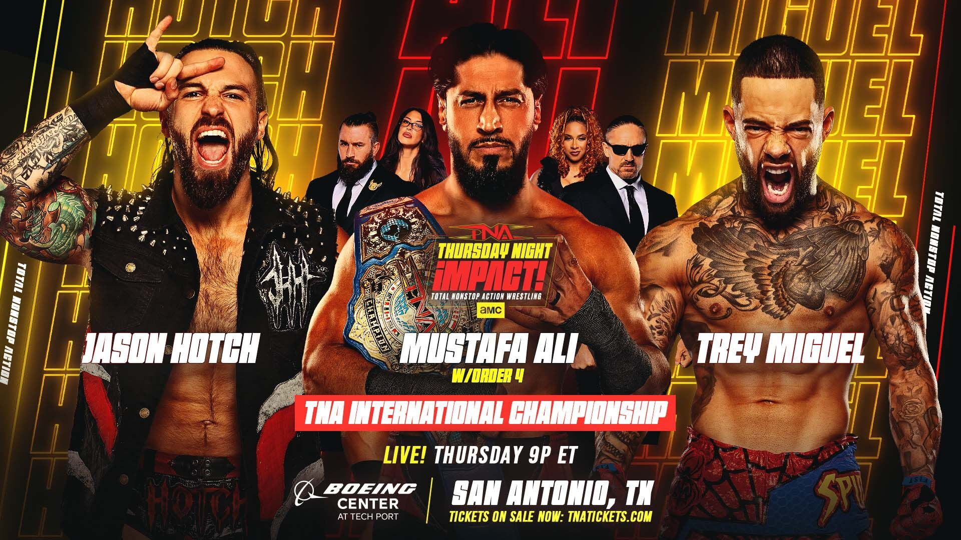 Jason Hotch, Mustafa Ali y Trey Miguel aparecen en el promocional de una lucha por el Campeonato Internacional de TNA.