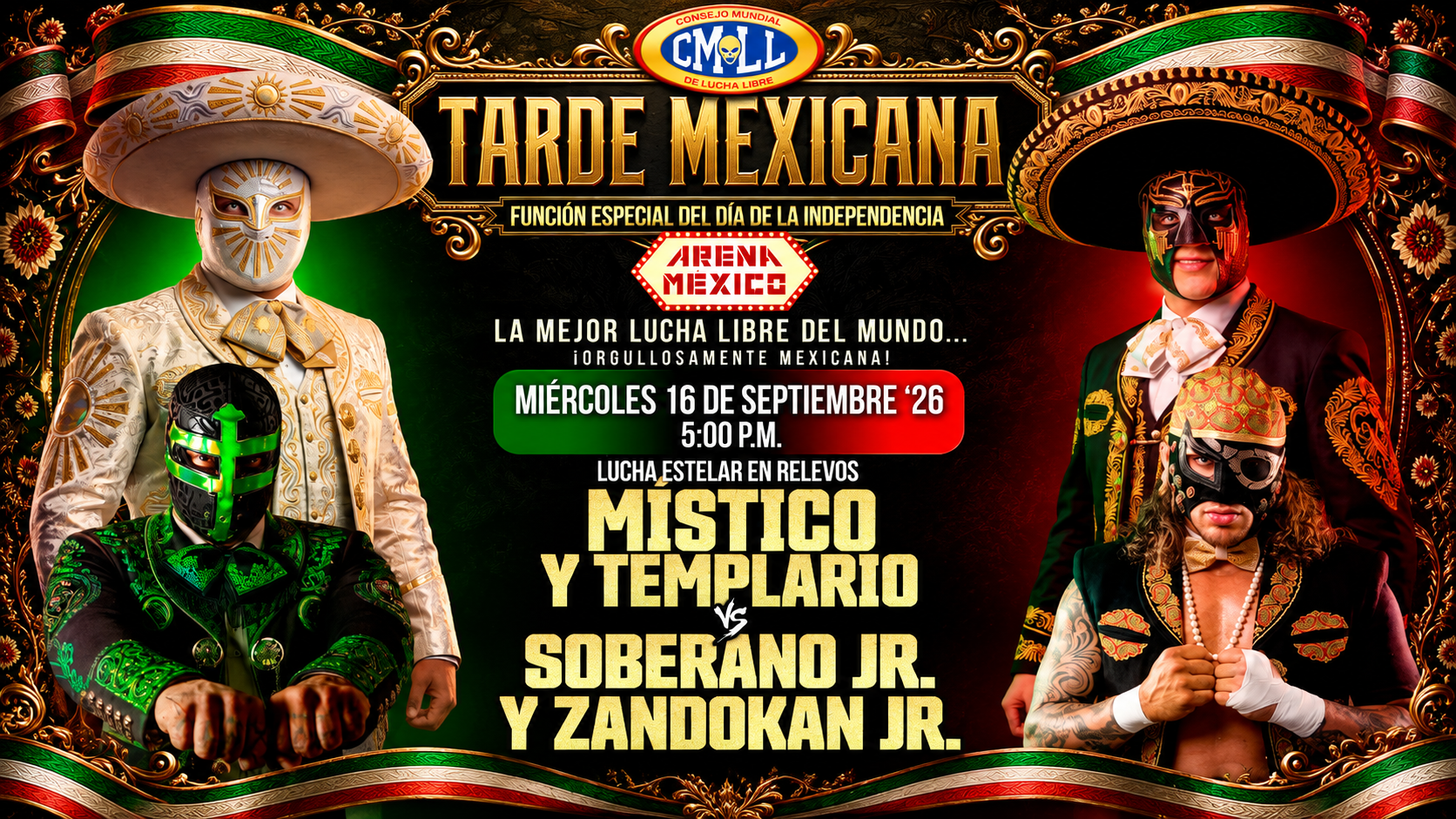Místico y Templario se enfrentarán a Soberano Jr. y Zandokan Jr. en la lucha estelar de Tarde Mexicana.