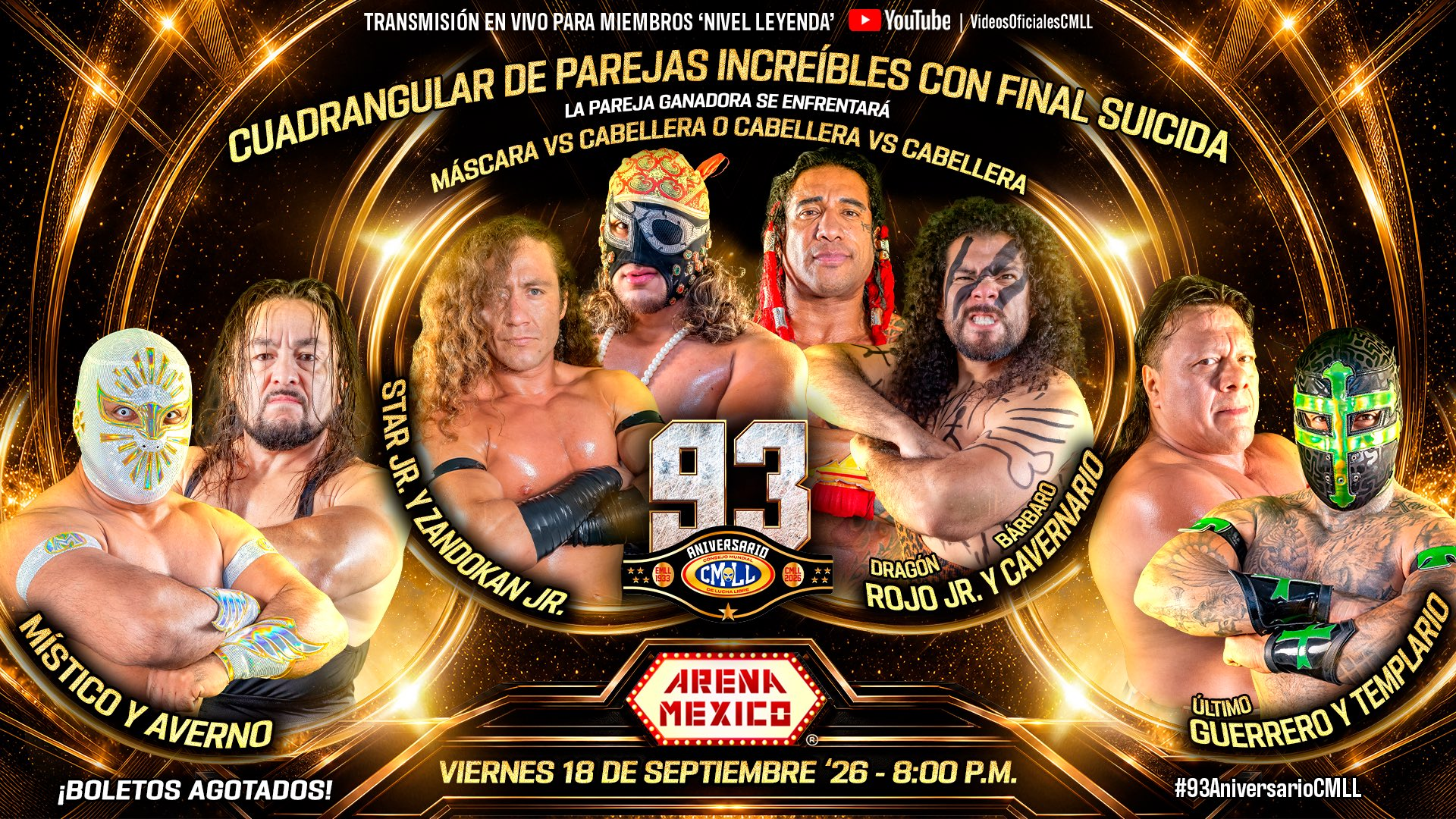 Cartel del 93 Aniversario del CMLL con cuadrangular de parejas increíbles y final suicida en Arena México.