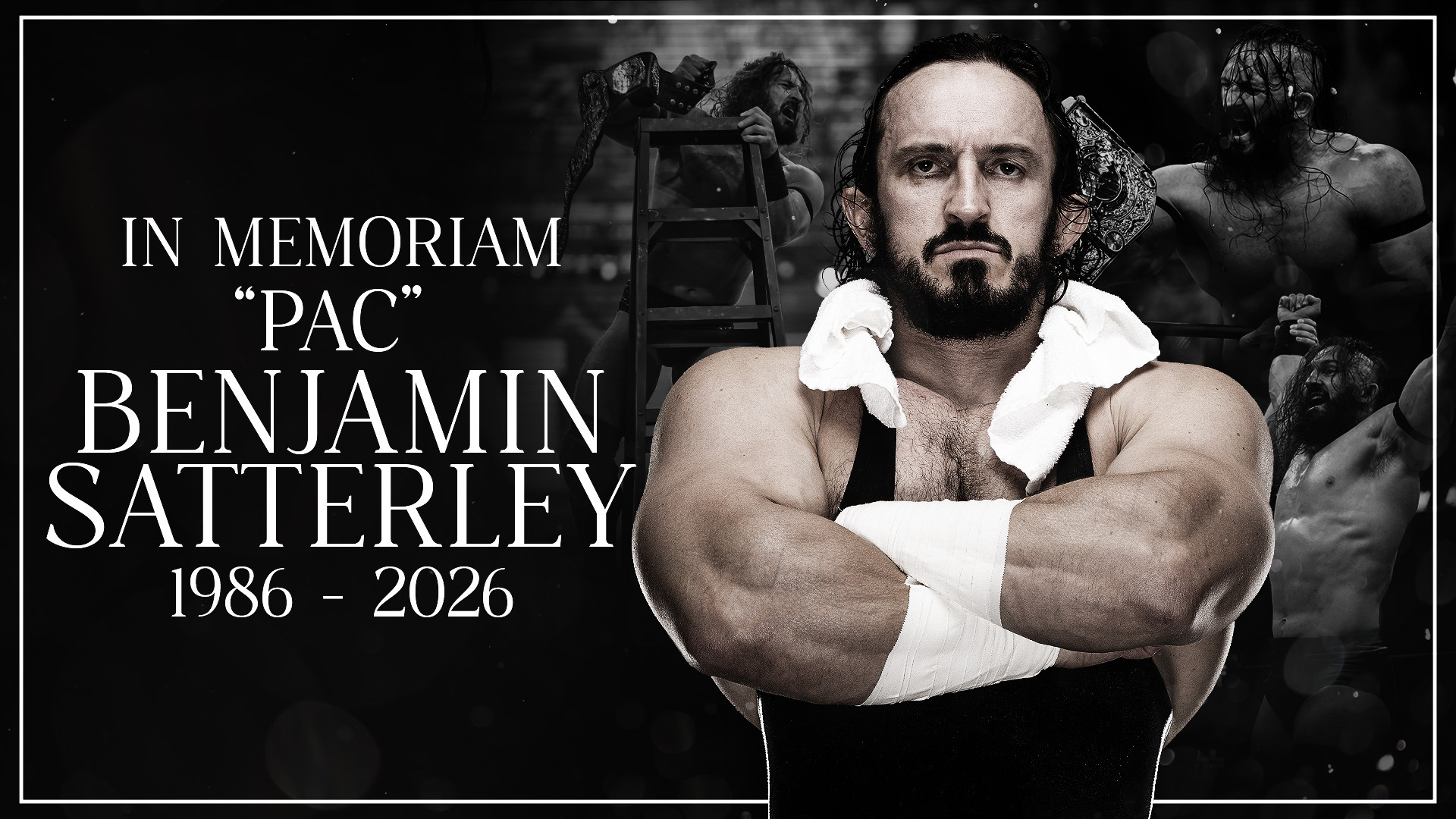 Gráfica conmemorativa de AEW dedicada a PAC, Benjamin Satterley, con varias imágenes de su carrera y las fechas 1986-2026.