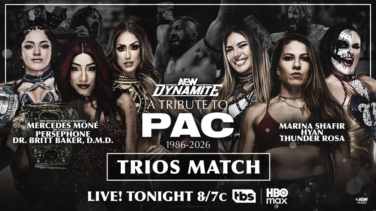 Mercedes Moné, Persephone y Dr. Britt Baker D.M.D. enfrentarán a Marina Shafir, Hyan y Thunder Rosa en una lucha de tríos durante AEW Dynamite, en un episodio tributo a PAC.