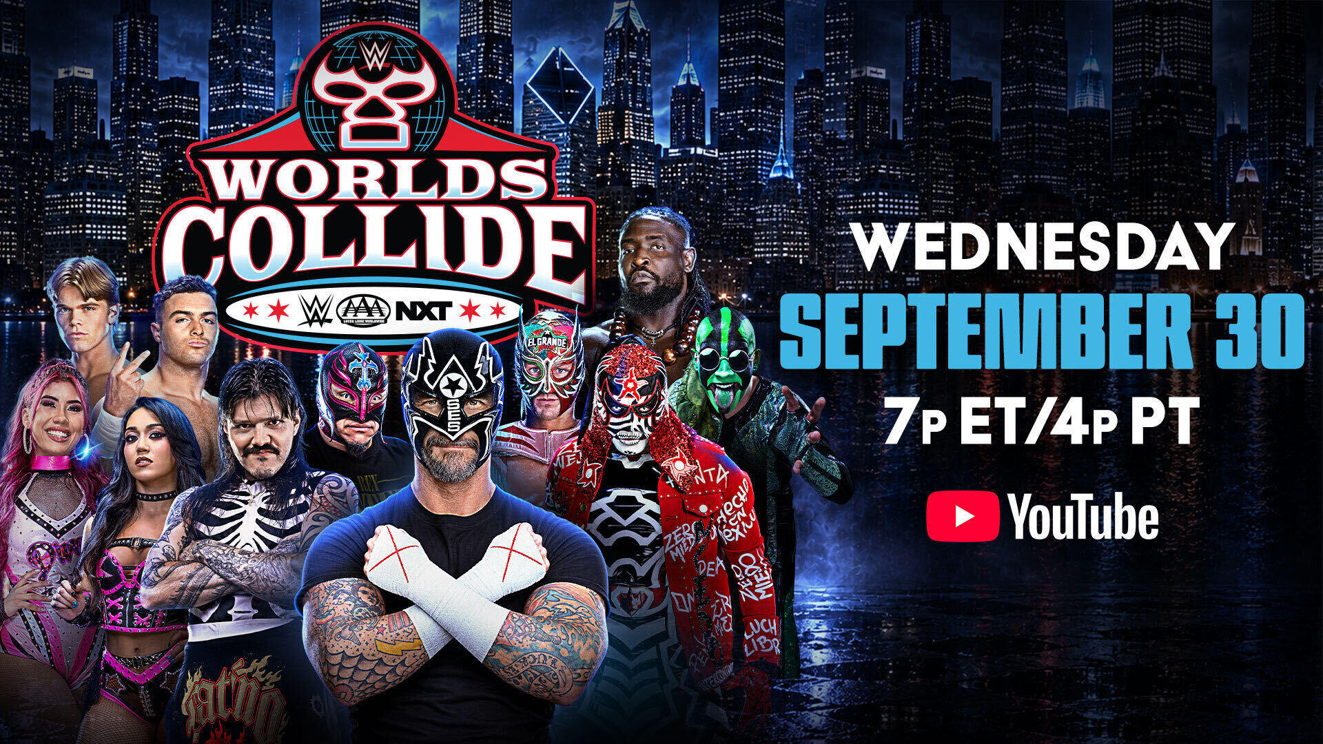 Póster promocional de WWE Worlds Collide con talentos de WWE, NXT y AAA, anunciado para el miércoles 30 de septiembre.