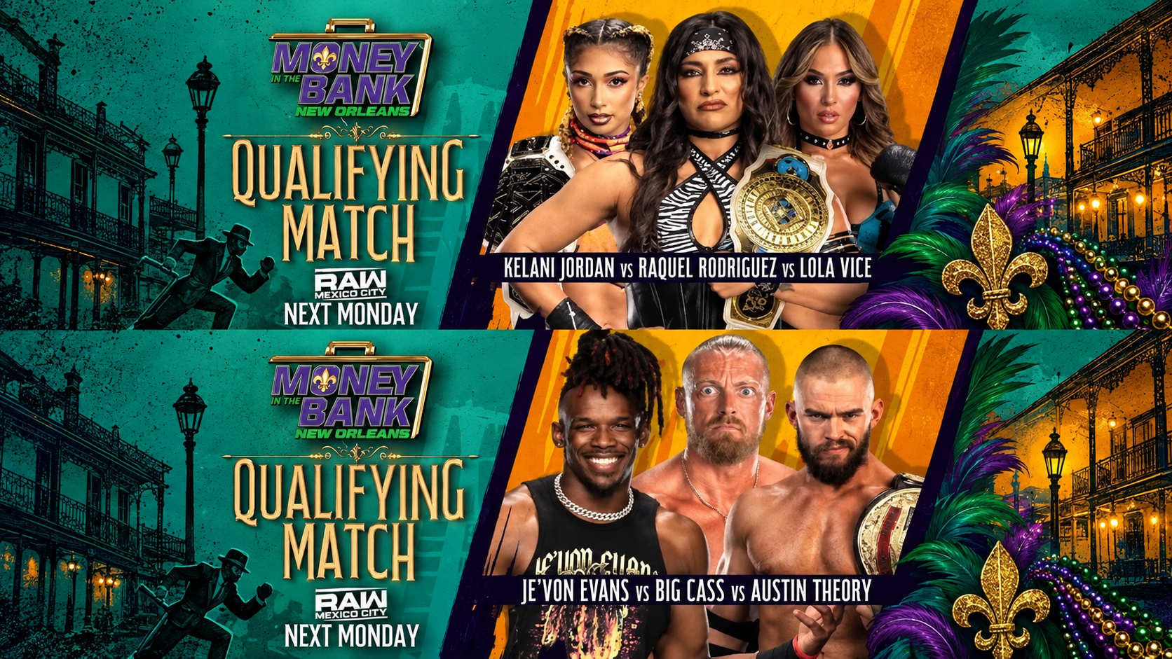 Gráfica promocional de WWE con las luchas clasificatorias de Money in the Bank entre Kelani Jordan, Raquel Rodriguez y Lola Vice, además de Je’Von Evans, Big Cass y Austin Theory.