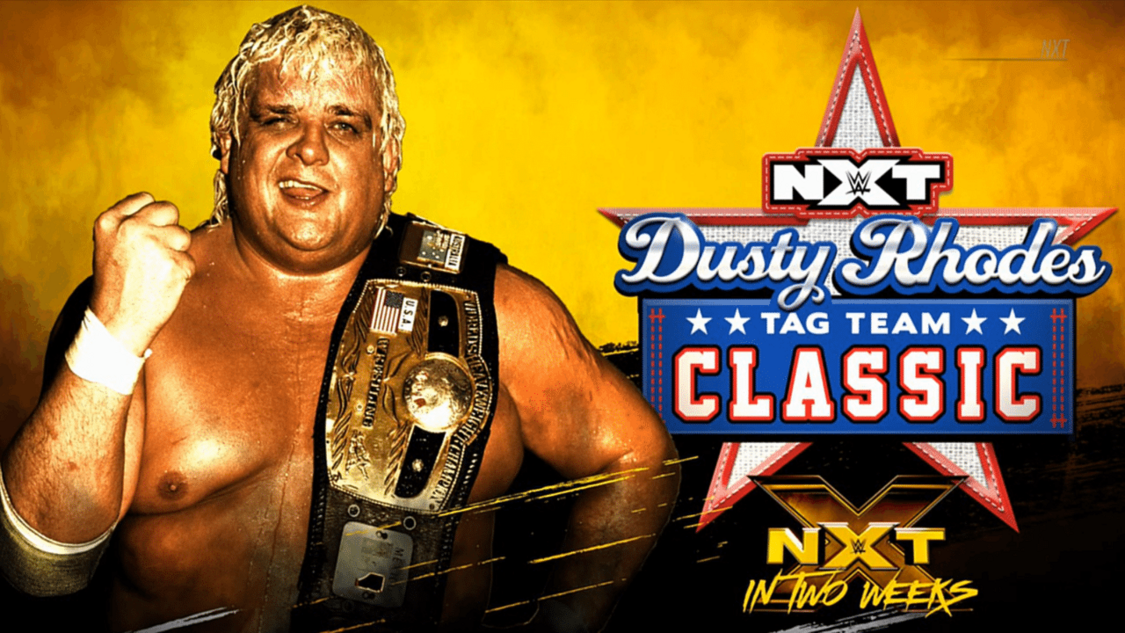 Dusty Rhodes aparece junto al logo del Dusty Rhodes Tag Team Classic de WWE NXT.