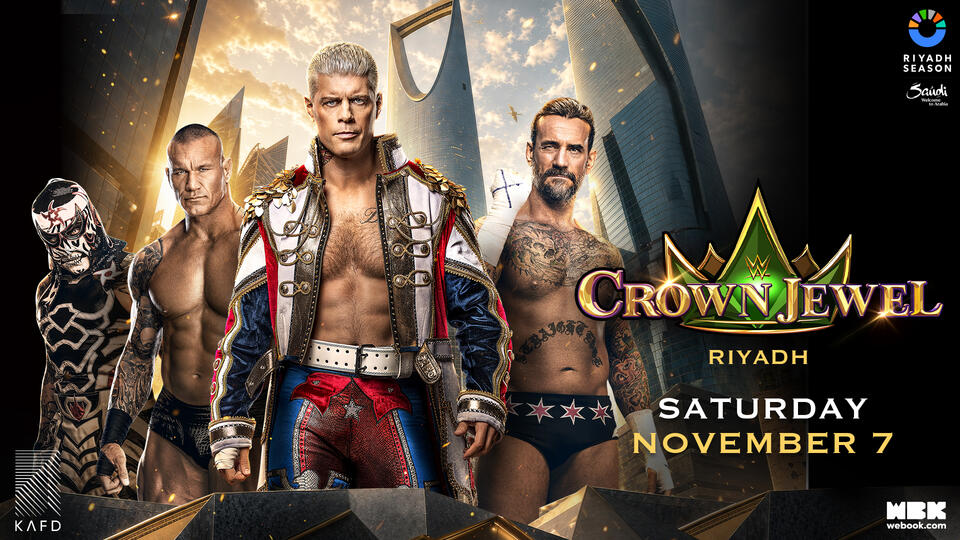 Imagen promocional de WWE Crown Jewel 2026 con Penta, Randy Orton, Cody Rhodes y CM Punk, con los rascacielos de Riad, Arabia Saudita, de fondo.