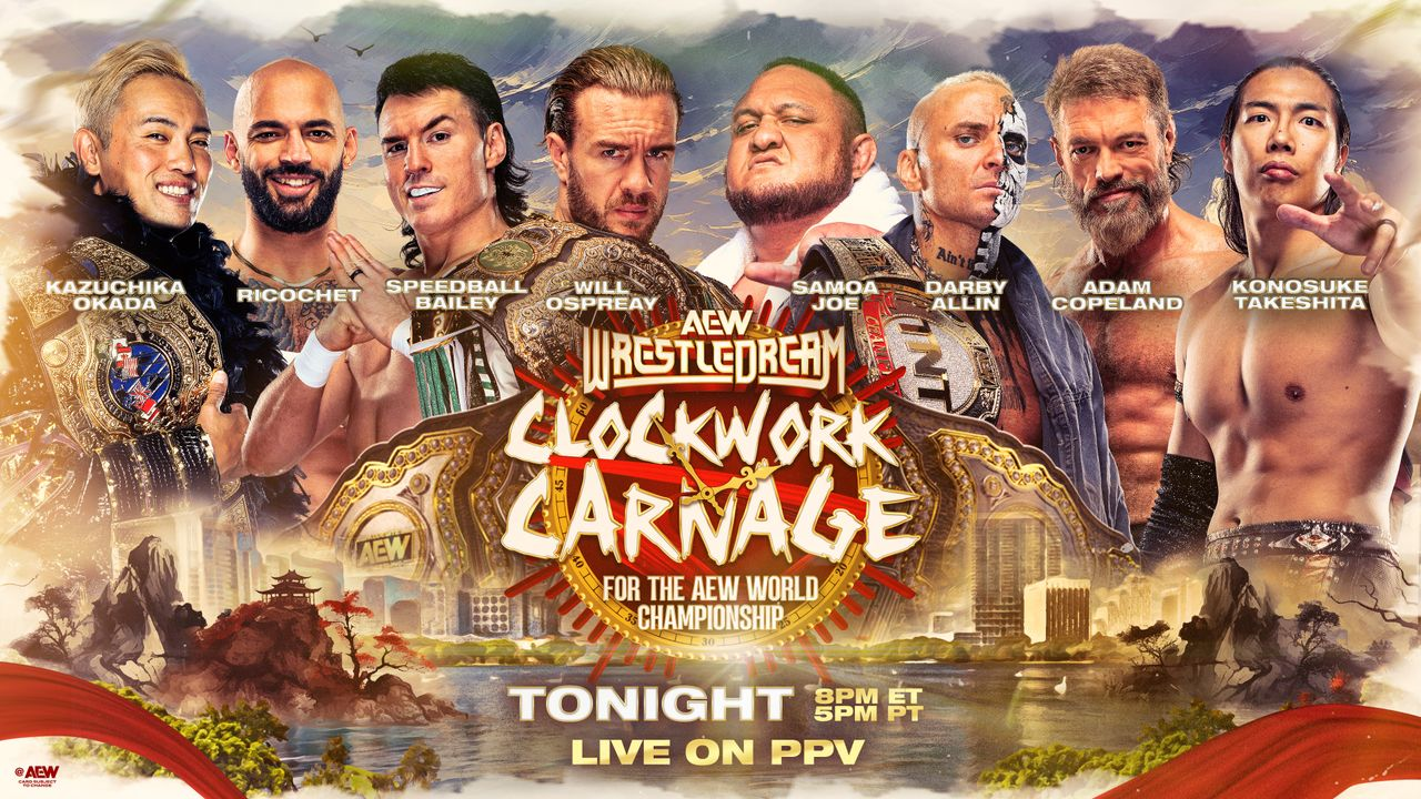 Kazuchika Okada, Ricochet, Speedball Mike Bailey, Will Ospreay, Samoa Joe, Darby Allin, Adam Copeland y Konosuke Takeshita participan en Clockwork Carnage por el Campeonato Mundial de AEW en WrestleDream 2026.