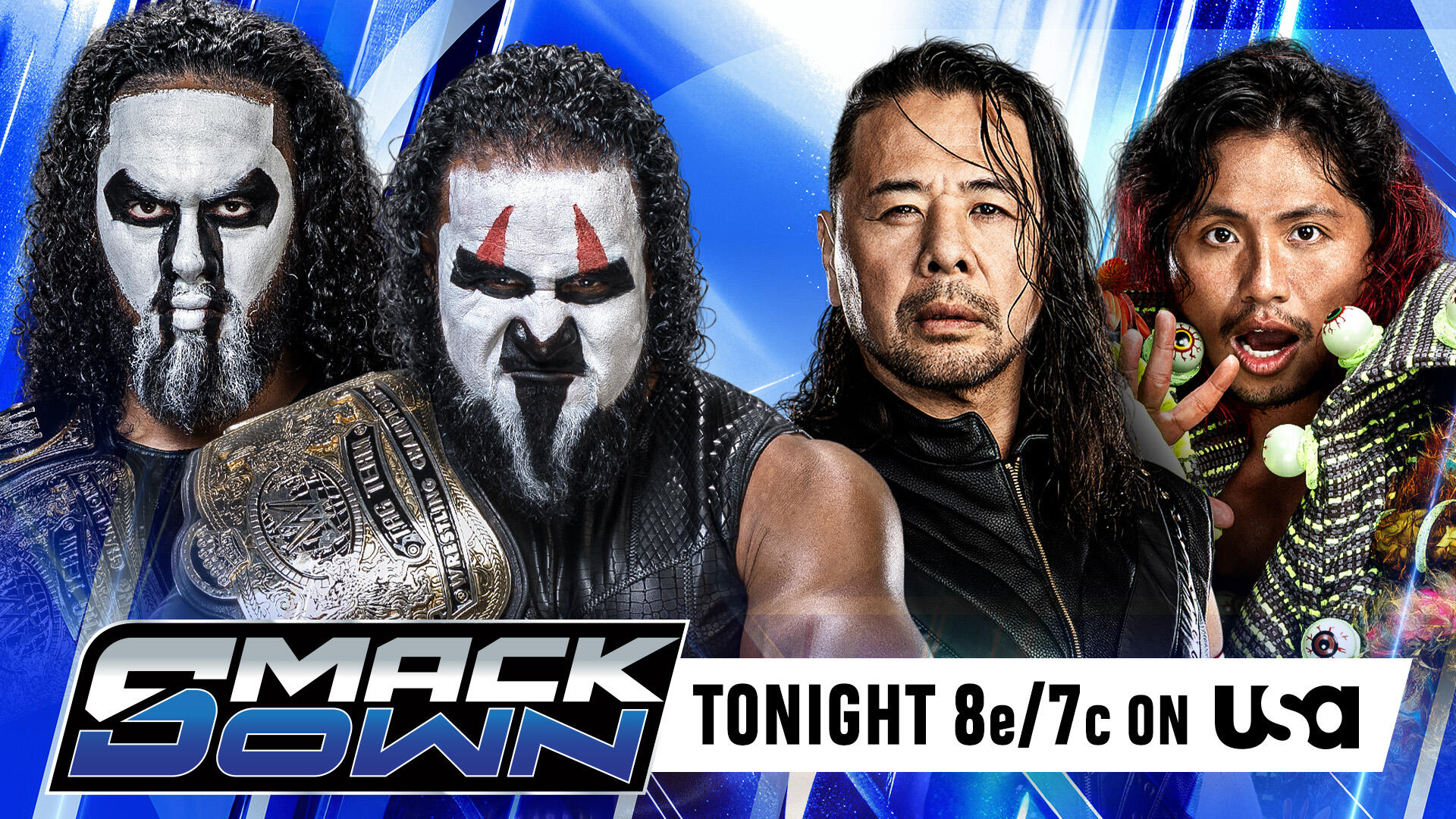 Imagen promocional de WWE SmackDown que muestra a Tama Tonga y Talla Tonga, campeones en parejas de WWE, frente a Shinsuke Nakamura y Kyoki.