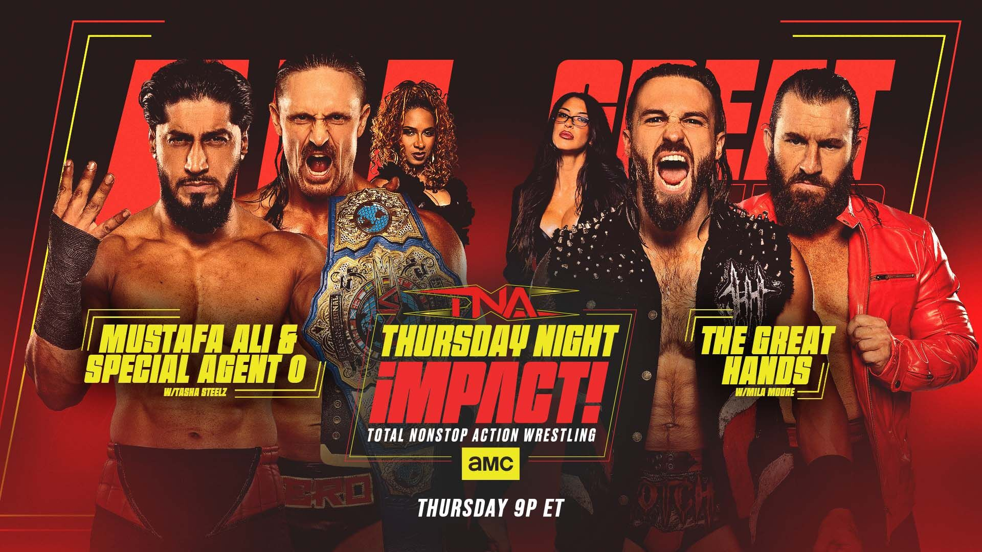 magen promocional de TNA Thursday Night Impact con Mustafa Ali y Special Agent 0 frente a The Great Hands.