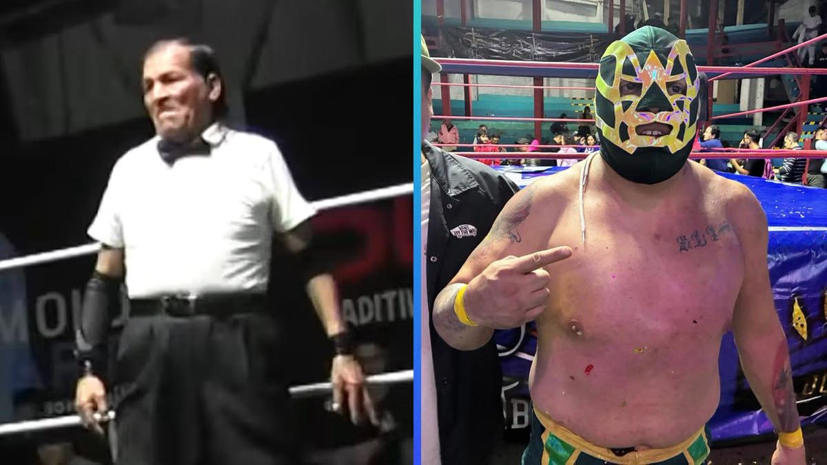 El réferi El Búho y el luchador Hijo de Fishman, detenido tras el fallecimiento del árbitro durante una función de lucha libre en Hidalgo, México.