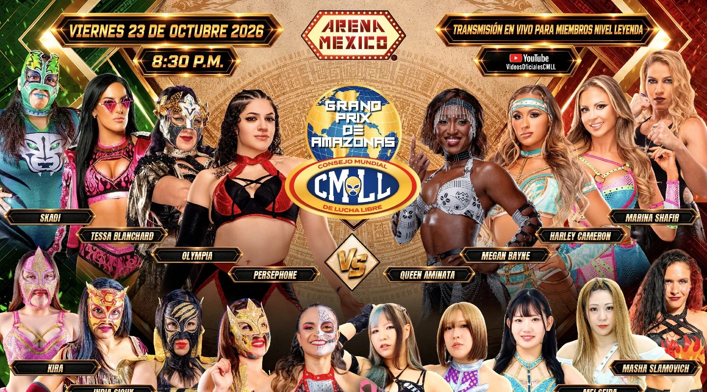 Cartel oficial del Grand Prix de Amazonas 2026 del CMLL, con las luchadoras participantes del evento del viernes 23 de octubre en la Arena México.