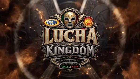 Póster oficial de Lucha Kingdom, evento de lucha libre presentado por el CMLL y NJPW, con un diseño dorado y negro.