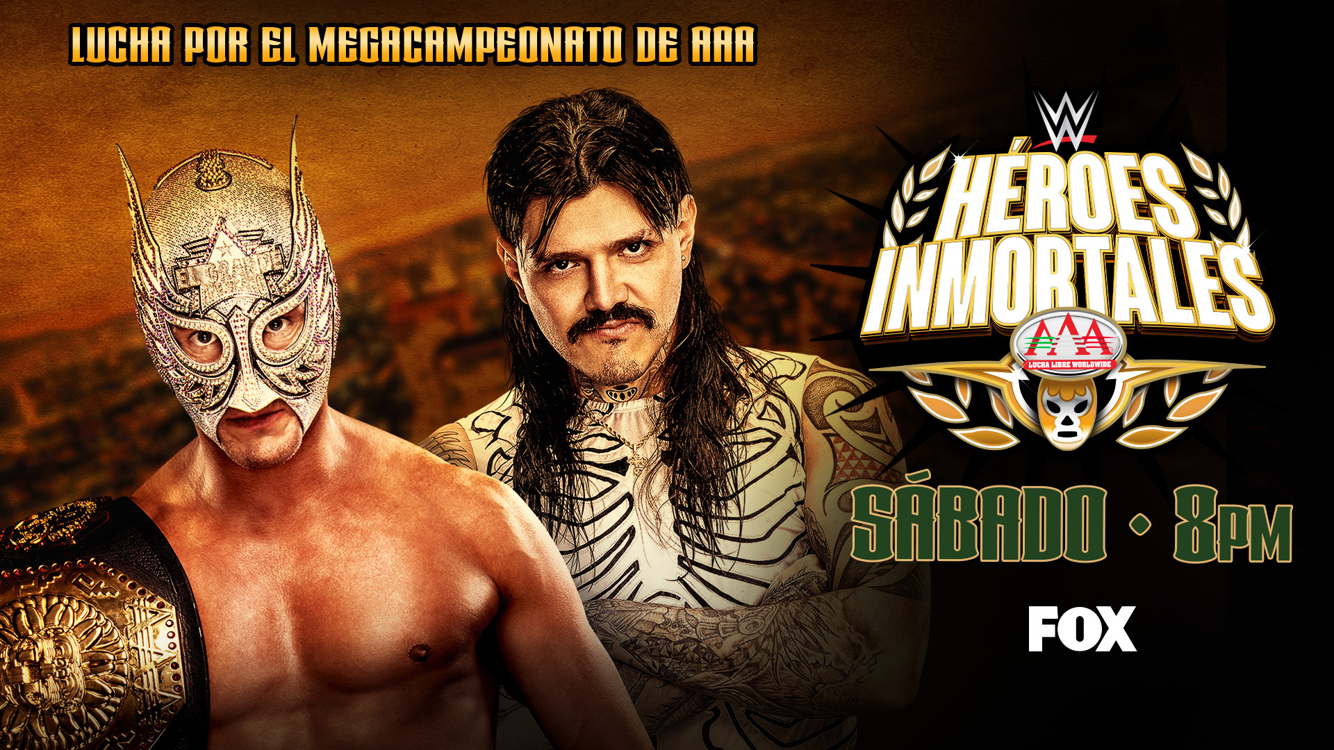 El Grande Americano con el cinturón junto a Dominik Mysterio en el cartel de Héroes Inmortales 2026.