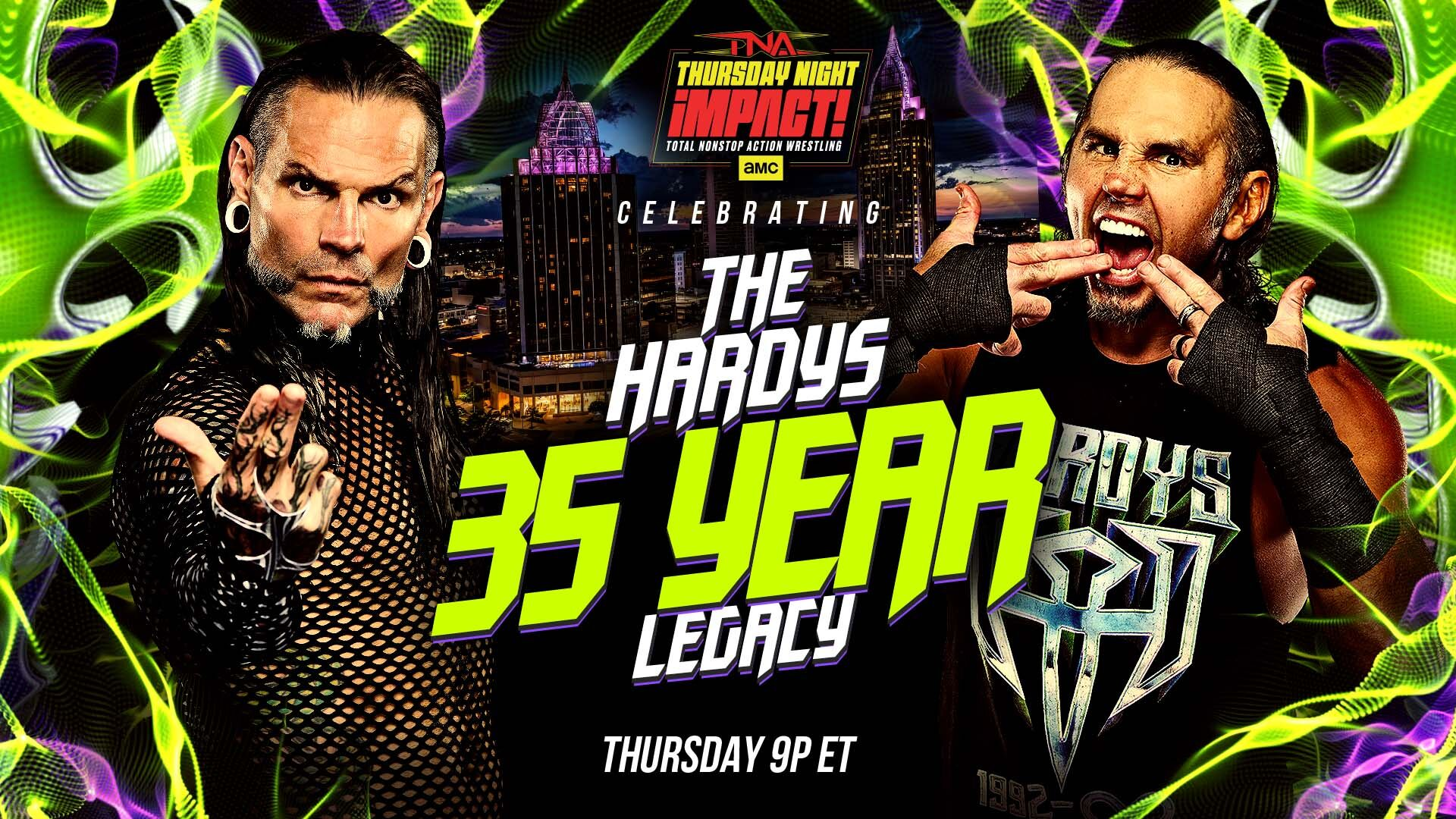 Matt Hardy y Jeff Hardy aparecen en una imagen promocional de TNA Impact para celebrar sus 35 años de legado en la lucha libre profesional.