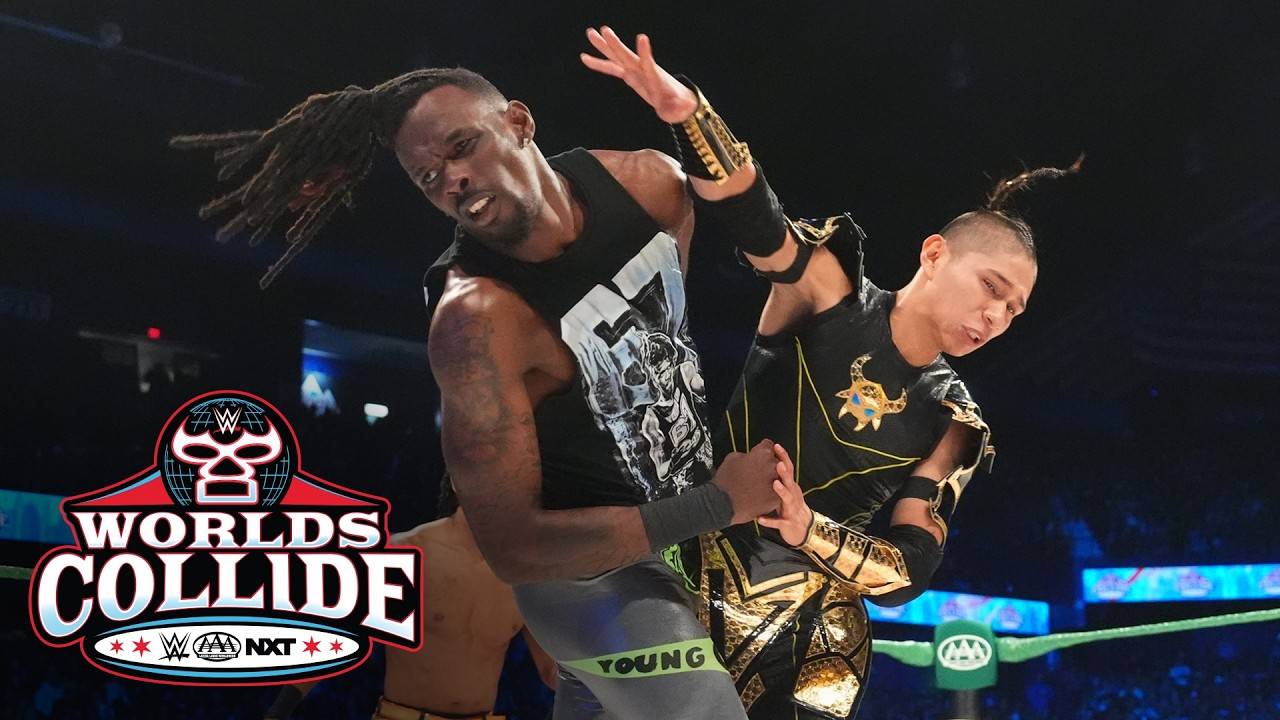 Je’Von Evans compite durante la lucha Fatal 4-Way ante Mini Vikingo, EK Prosper y Axiom en WWE Worlds Collide.
